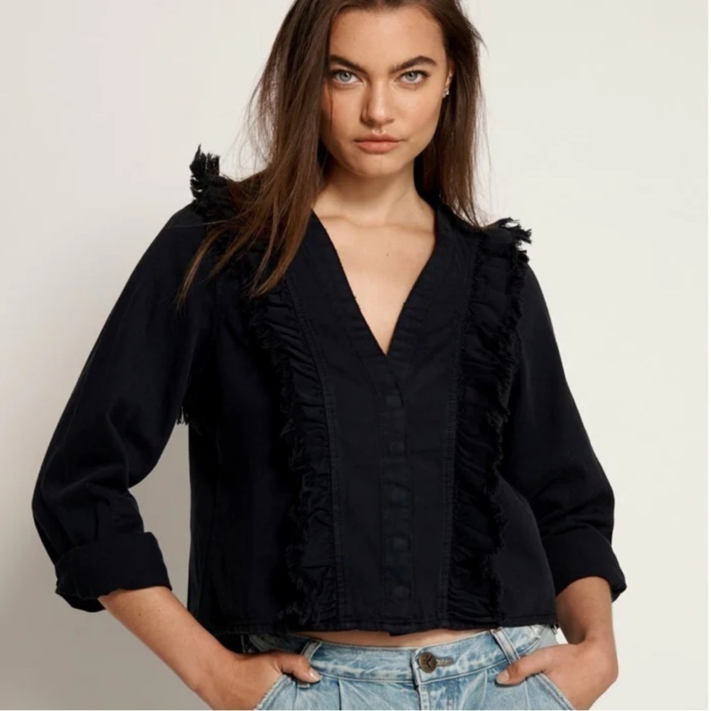 One Teaspoon Fox Black Captain Ruffle Denim Shirt XS New NWT